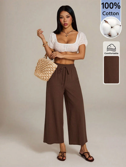 PETITE Women's 100 Cotton Linen Blend Wide Leg Pants,Espresso Brown,Autumn,Casual,Vacation,Holiday,Elastic Waist Ankle Loose Pants,Back To School Uniform