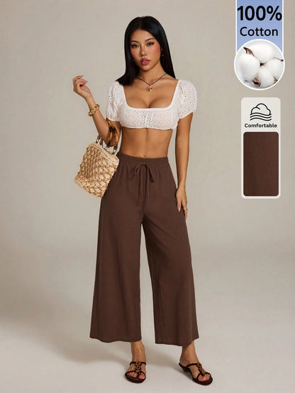 PETITE Women's 100 Cotton Linen Blend Wide Leg Pants,Espresso Brown,Autumn,Casual,Vacation,Holiday,Elastic Waist Ankle Loose Pants,Back To School Uniform