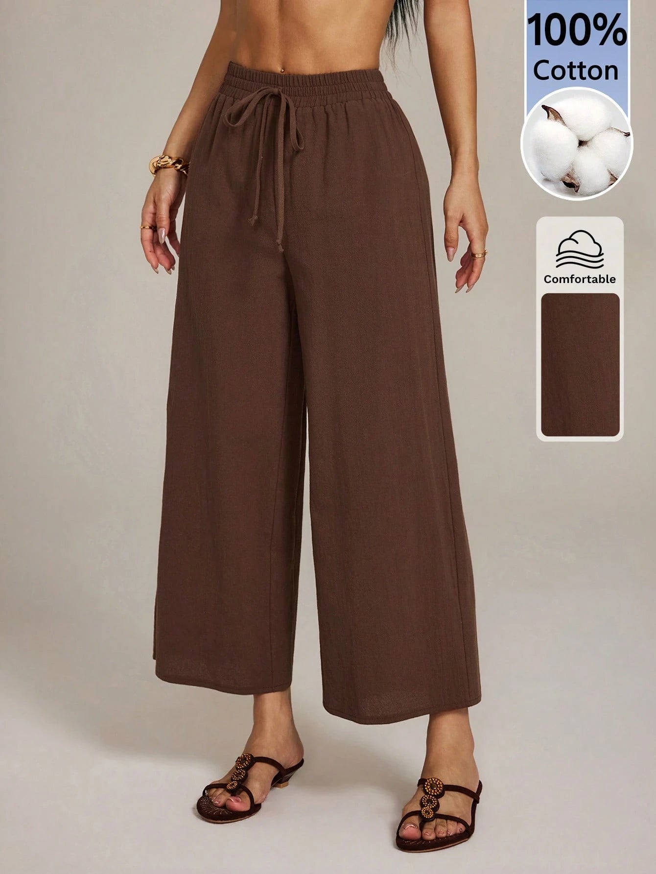 PETITE Women's 100 Cotton Linen Blend Wide Leg Pants,Espresso Brown,Autumn,Casual,Vacation,Holiday,Elastic Waist Ankle Loose Pants,Back To School Uniform