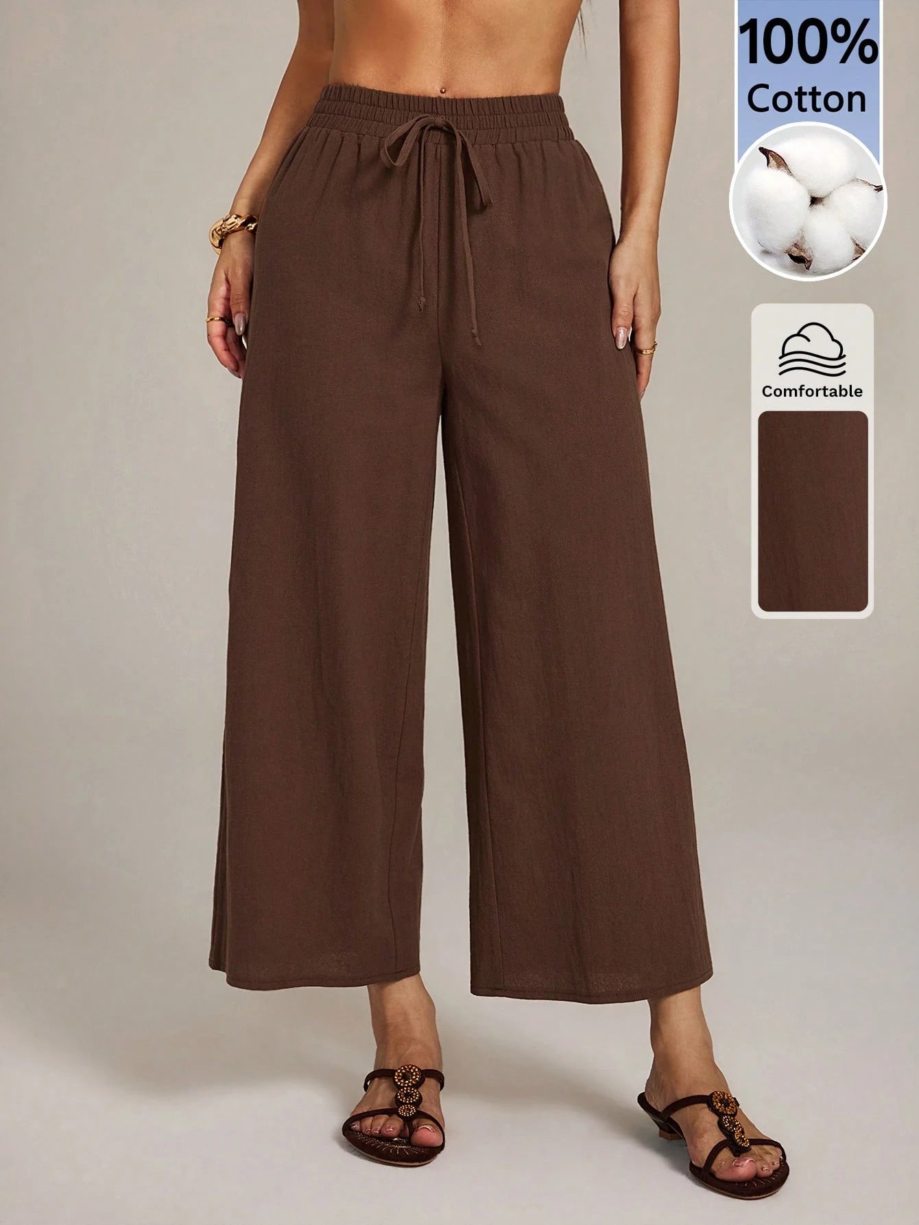 PETITE Women's 100 Cotton Linen Blend Wide Leg Pants,Espresso Brown,Autumn,Casual,Vacation,Holiday,Elastic Waist Ankle Loose Pants,Back To School Uniform