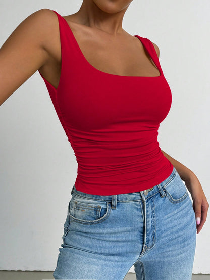 PETITE Women's Backless Ruched Sleeveless Tank Top,Red Chic Summer Night Out Top,Versatile Holiday Carnival Party Fashion High-End Elegant Club Top,Petite Women