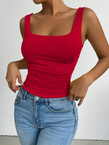 PETITE Women's Backless Ruched Sleeveless Tank Top,Red Chic Summer Night Out Top,Versatile Holiday Carnival Party Fashion High-End Elegant Club Top,Petite Women
