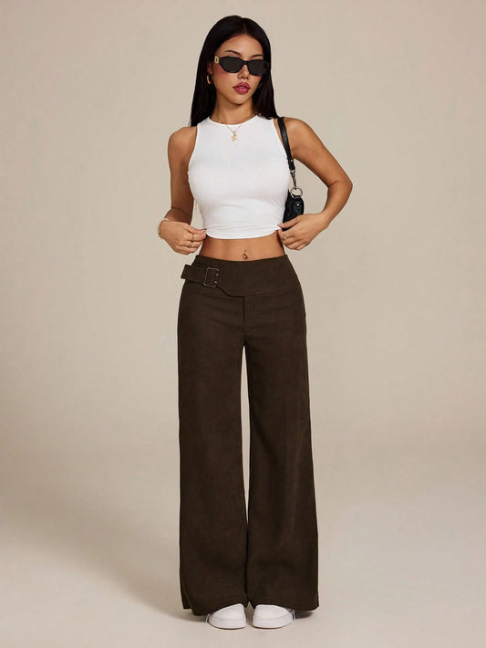 PETITE Women's Coffee Brown Metal Buttonhole Casual Versatile Wide-Leg Pants, Autumn Women's Clothing,Fall,Fall Clothes For Women,Petite Women