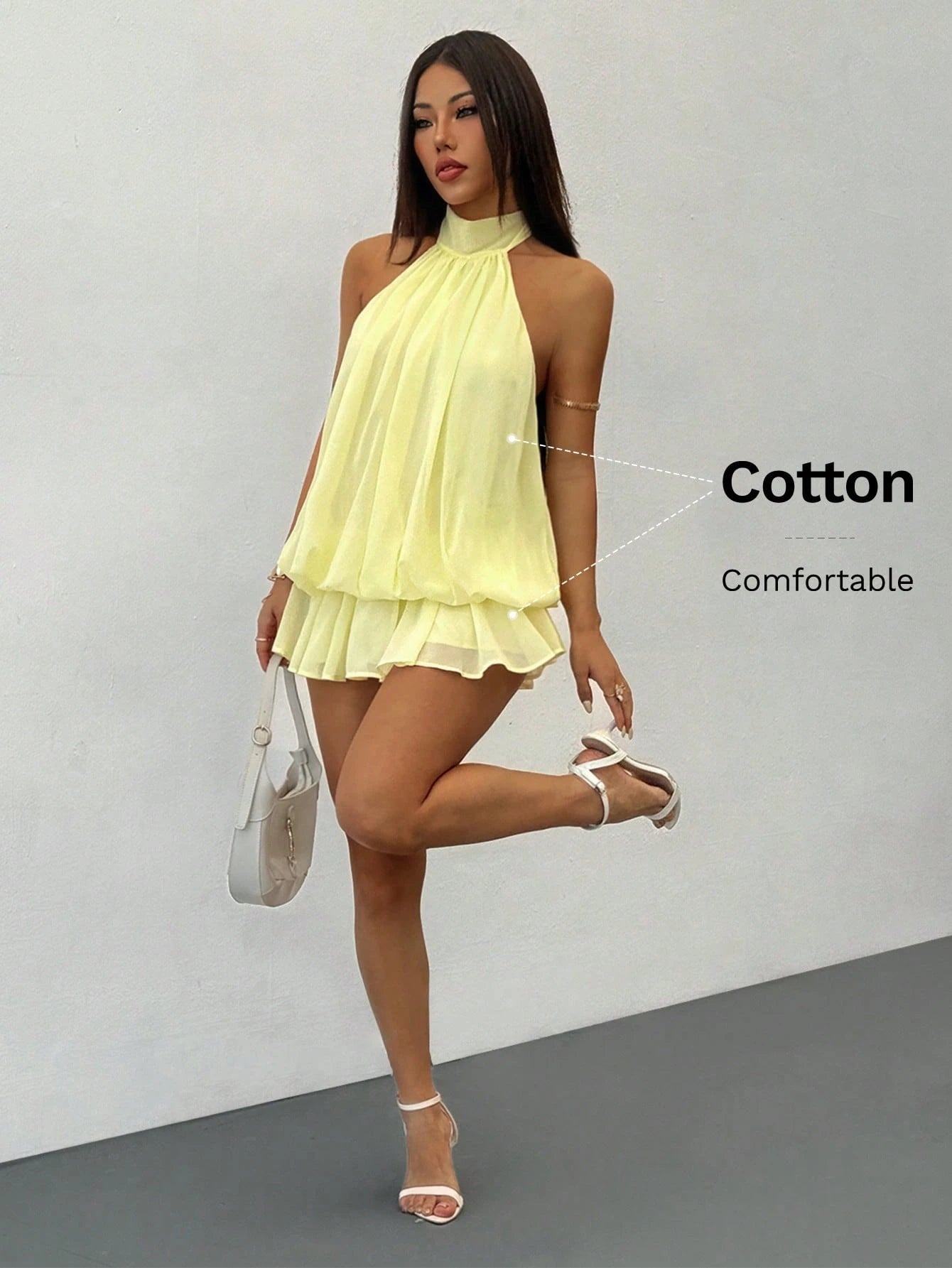 PETITE Women's Elegant Pale Yellow Halter Neck Tie Mini Dress, Suitable For Party, Date, Autumn/Winter, Spring/Summer