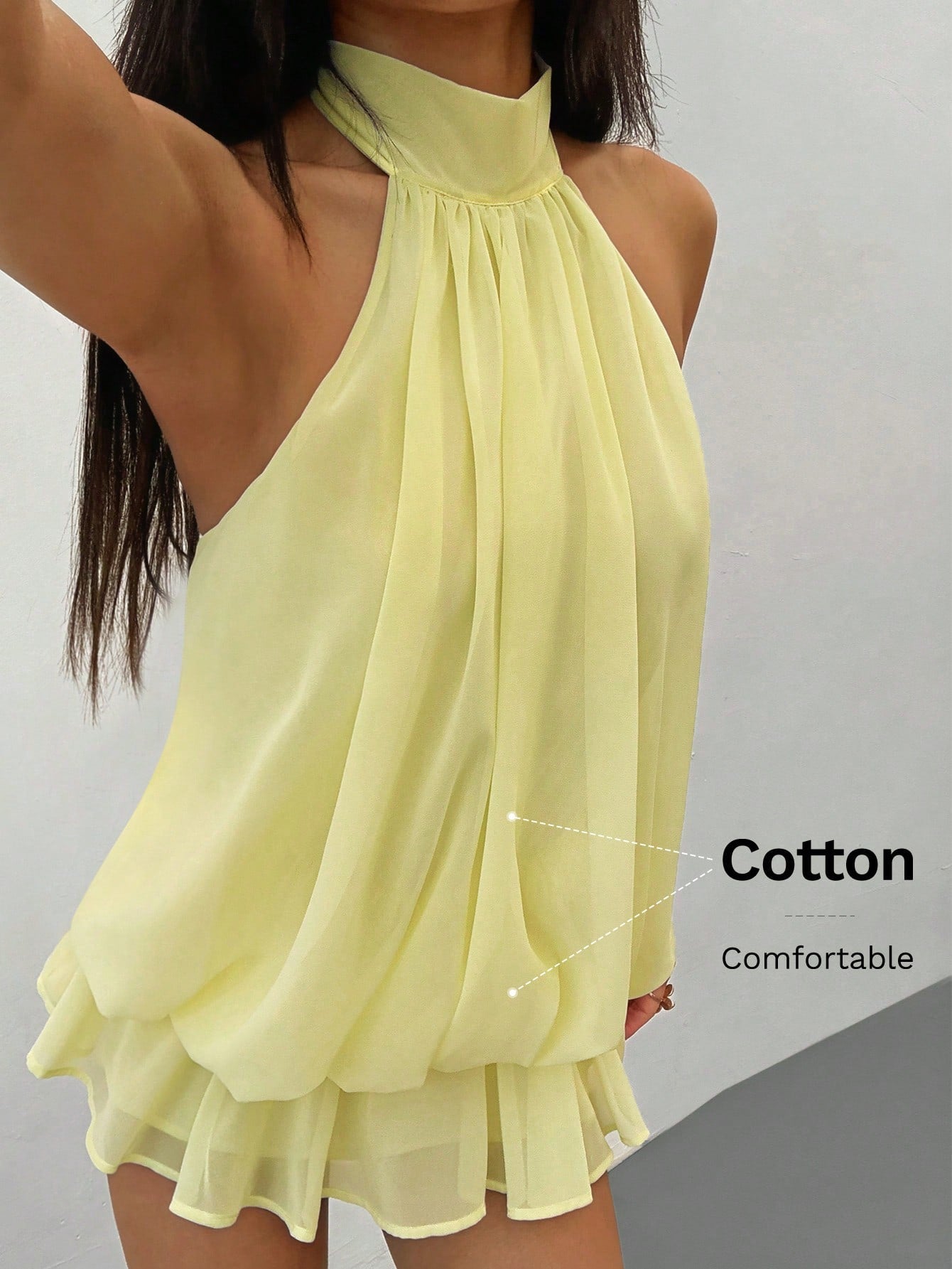 PETITE Women's Elegant Pale Yellow Halter Neck Tie Mini Dress, Suitable For Party, Date, Autumn/Winter, Spring/Summer