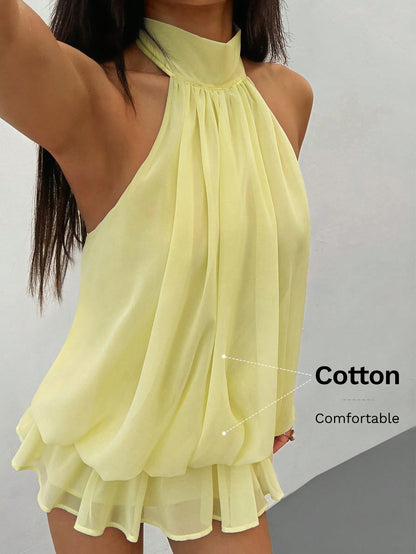PETITE Women's Elegant Pale Yellow Halter Neck Tie Mini Dress, Suitable For Party, Date, Autumn/Winter, Spring/Summer