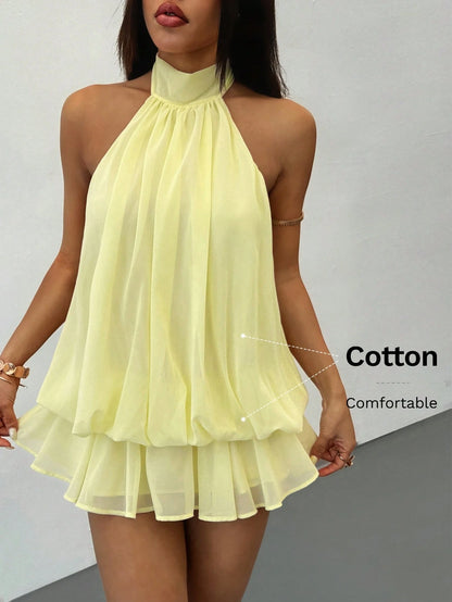PETITE Women's Elegant Pale Yellow Halter Neck Tie Mini Dress, Suitable For Party, Date, Autumn/Winter, Spring/Summer