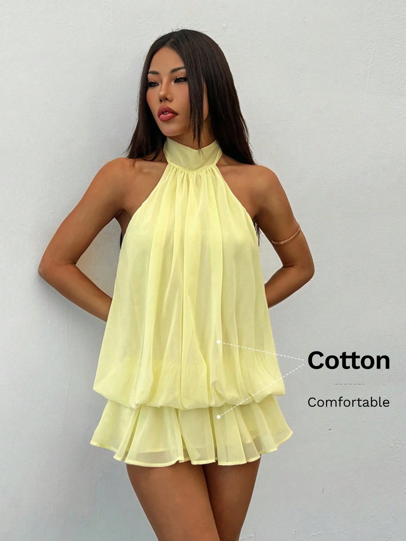 PETITE Women's Elegant Pale Yellow Halter Neck Tie Mini Dress, Suitable For Party, Date, Autumn/Winter, Spring/Summer