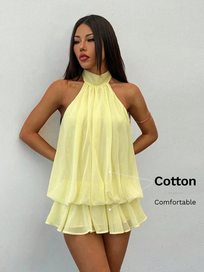 PETITE Women's Elegant Pale Yellow Halter Neck Tie Mini Dress, Suitable For Party, Date, Autumn/Winter, Spring/Summer