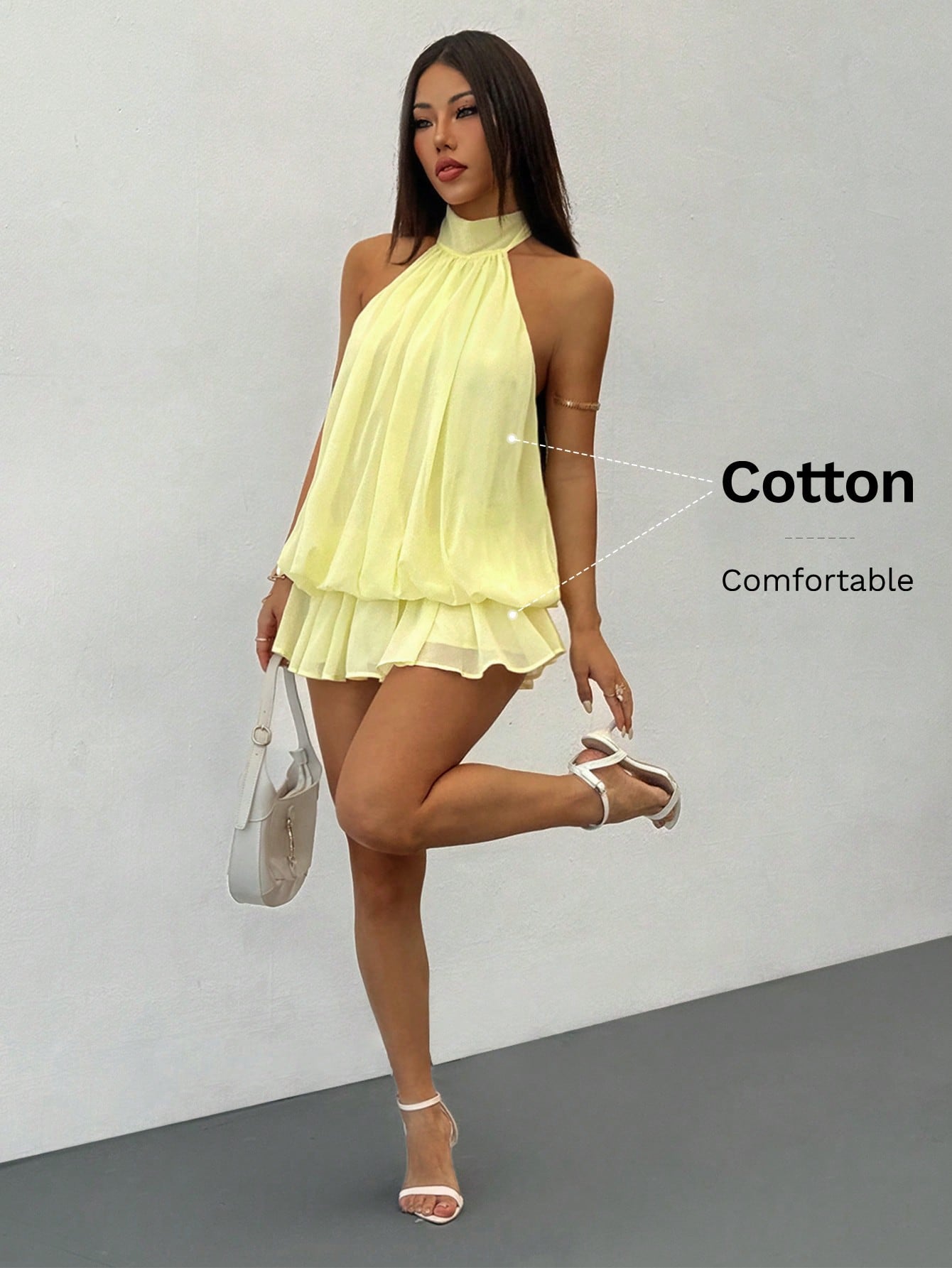 PETITE Women's Elegant Pale Yellow Halter Neck Tie Mini Dress, Suitable For Party, Date, Autumn/Winter, Spring/Summer
