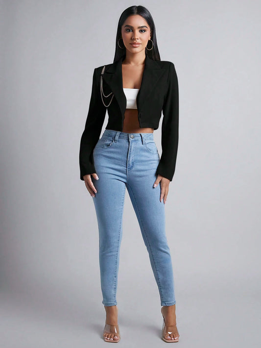 PETITE Women's Short Cut Suit Jacket With Diamond Chain Detailing In Fall/Winter,Petite Women