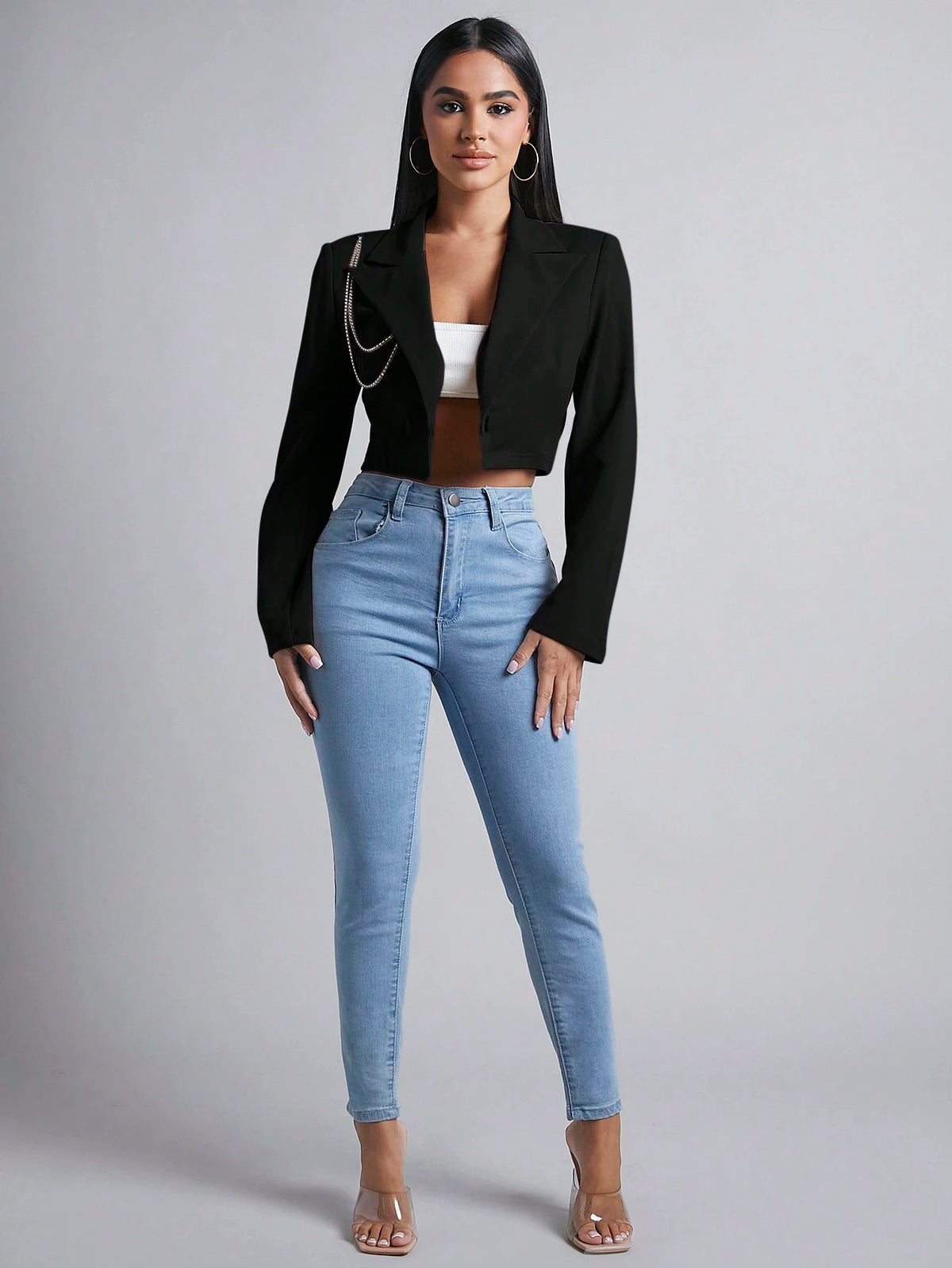 PETITE Women's Short Cut Suit Jacket With Diamond Chain Detailing In Fall/Winter,Petite Women