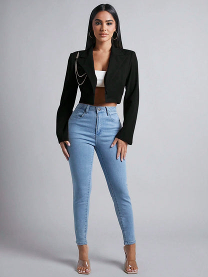 PETITE Women's Short Cut Suit Jacket With Diamond Chain Detailing In Fall/Winter,Petite Women