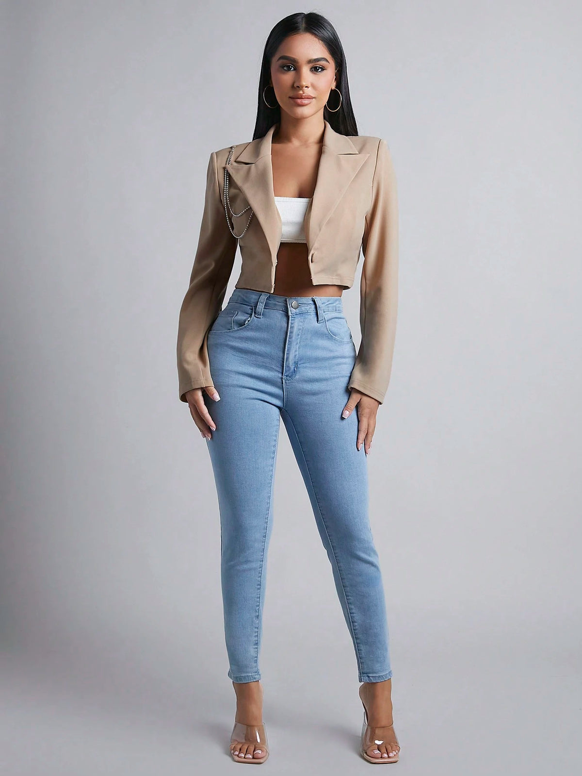 PETITE Women's Short Cut Suit Jacket With Diamond Chain Detailing In Fall/Winter,Petite Women