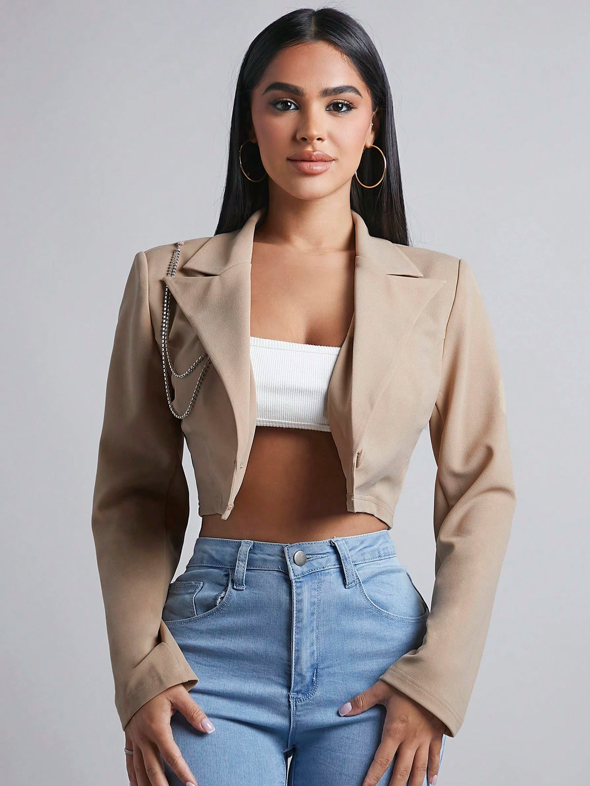 PETITE Women's Short Cut Suit Jacket With Diamond Chain Detailing In Fall/Winter,Petite Women