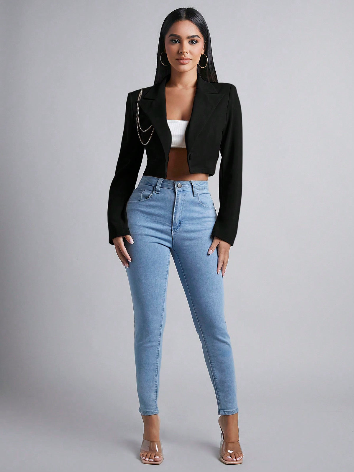 PETITE Women's Short Cut Suit Jacket With Diamond Chain Detailing In Fall/Winter,Petite Women