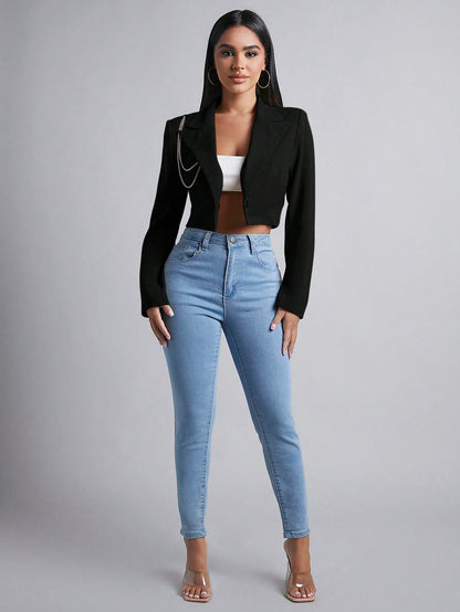 PETITE Women's Short Cut Suit Jacket With Diamond Chain Detailing In Fall/Winter,Petite Women