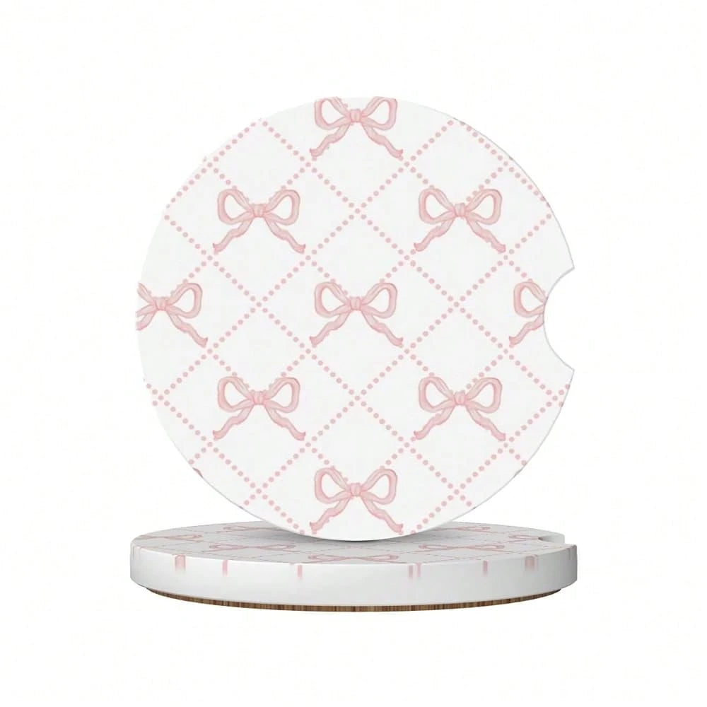 Pink Bow Car Coasters For Cup Holder Absorbent Ceramic Cup Coaster 2 Pack Anti Slip Car Interior Accessories With Finger Notch Cork Bas