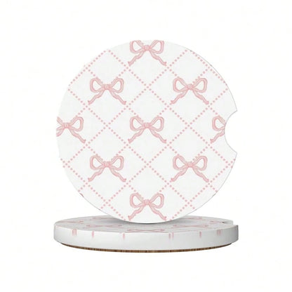 Pink Bow Car Coasters For Cup Holder Absorbent Ceramic Cup Coaster 2 Pack Anti Slip Car Interior Accessories With Finger Notch Cork Bas
