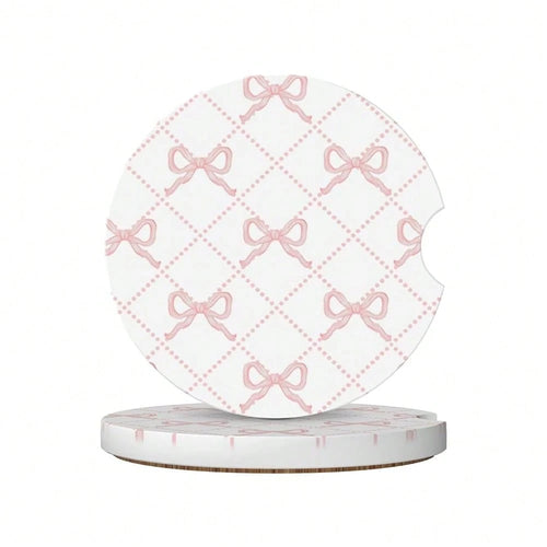 Pink Bow Car Coasters For Cup Holder Absorbent Ceramic Cup Coaster 2 Pack Anti Slip Car Interior Accessories With Finger Notch Cork Bas