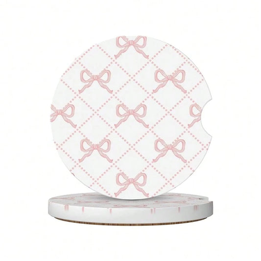 Pink Bow Car Coasters For Cup Holder Absorbent Ceramic Cup Coaster 2 Pack Anti Slip Car Interior Accessories With Finger Notch Cork Bas