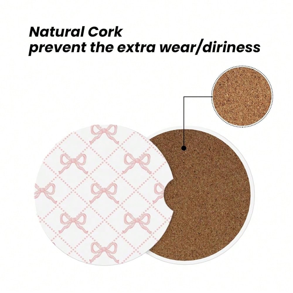 Pink Bow Car Coasters For Cup Holder Absorbent Ceramic Cup Coaster 2 Pack Anti Slip Car Interior Accessories With Finger Notch Cork Bas