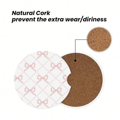 Pink Bow Car Coasters For Cup Holder Absorbent Ceramic Cup Coaster 2 Pack Anti Slip Car Interior Accessories With Finger Notch Cork Bas