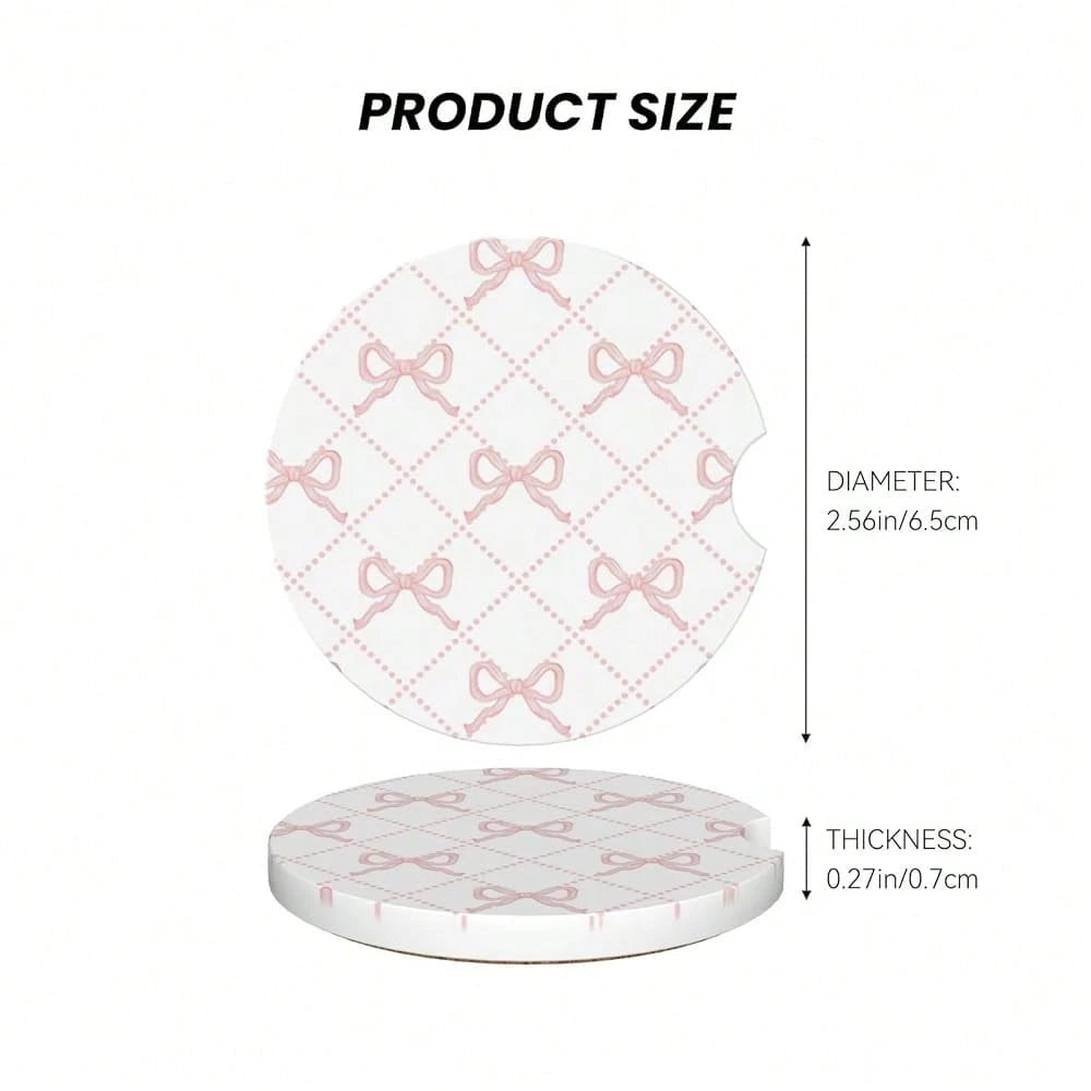 Pink Bow Car Coasters For Cup Holder Absorbent Ceramic Cup Coaster 2 Pack Anti Slip Car Interior Accessories With Finger Notch Cork Bas