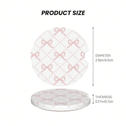 Pink Bow Car Coasters For Cup Holder Absorbent Ceramic Cup Coaster 2 Pack Anti Slip Car Interior Accessories With Finger Notch Cork Bas