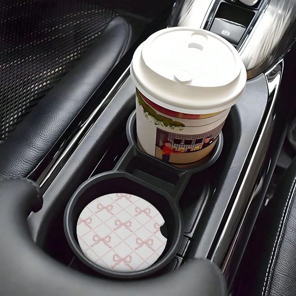 Pink Bow Car Coasters For Cup Holder Absorbent Ceramic Cup Coaster 2 Pack Anti Slip Car Interior Accessories With Finger Notch Cork Bas