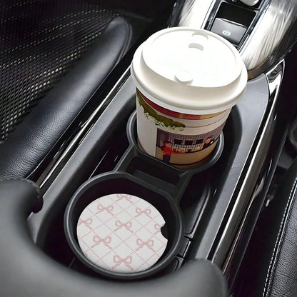 Pink Bow Car Coasters For Cup Holder Absorbent Ceramic Cup Coaster 2 Pack Anti Slip Car Interior Accessories With Finger Notch Cork Bas