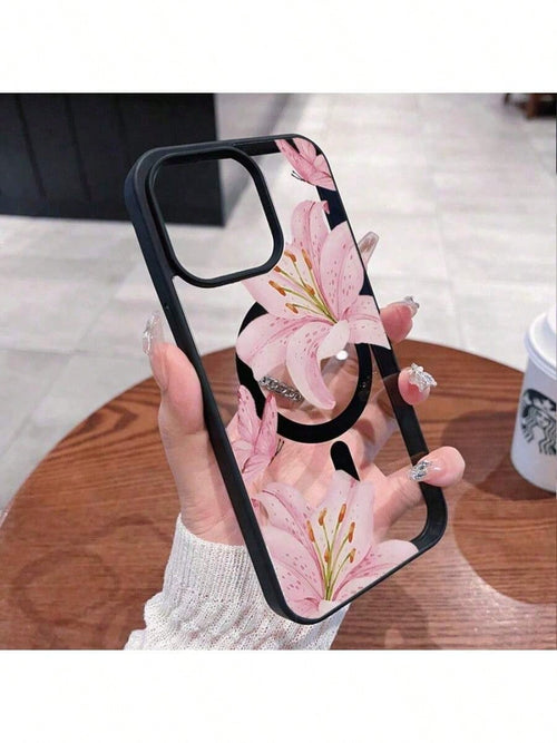 Pink Lilies Magnetic Phone Case Is Suitable For IPhone 16/15/14/13/12 Pro/11/XS Max 68 Plus. It Features A Fashionable And Pattern Design. The Transparent Case Comes In Multiple Colors And Is A Classi