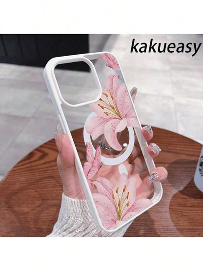 Pink Lilies Magnetic Phone Case Is Suitable For IPhone 16/15/14/13/12 Pro/11/XS Max 68 Plus. It Features A Fashionable And Pattern Design. The Transparent Case Comes In Multiple Colors And Is A Classi