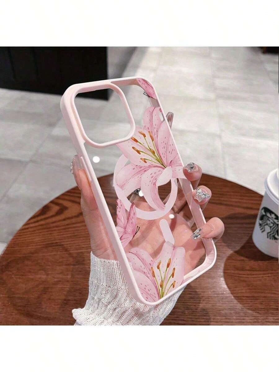 Pink Lilies Magnetic Phone Case Is Suitable For IPhone 16/15/14/13/12 Pro/11/XS Max 68 Plus. It Features A Fashionable And Pattern Design. The Transparent Case Comes In Multiple Colors And Is A Classi