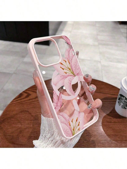 Pink Lilies Magnetic Phone Case Is Suitable For IPhone 16/15/14/13/12 Pro/11/XS Max 68 Plus. It Features A Fashionable And Pattern Design. The Transparent Case Comes In Multiple Colors And Is A Classi