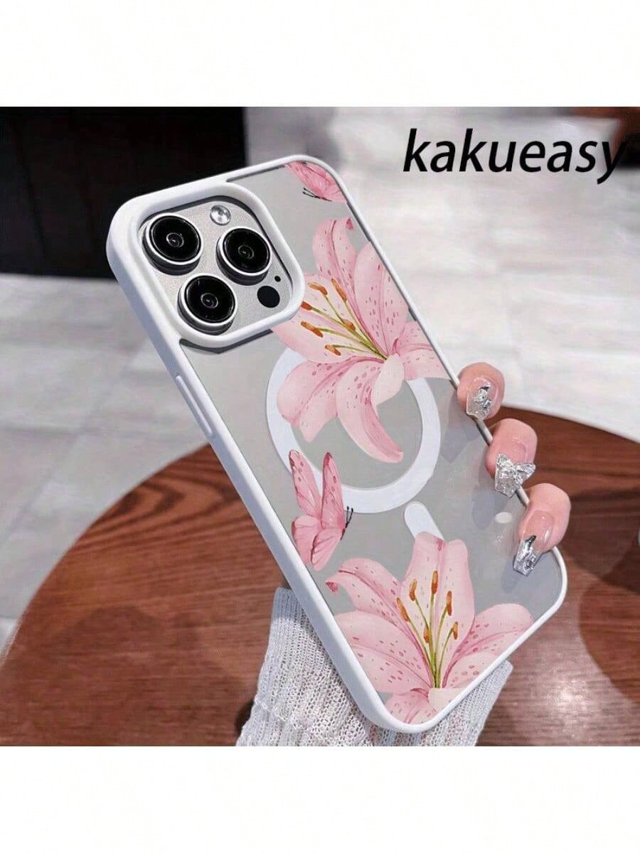 Pink Lilies Magnetic Phone Case Is Suitable For IPhone 16/15/14/13/12 Pro/11/XS Max 68 Plus. It Features A Fashionable And Pattern Design. The Transparent Case Comes In Multiple Colors And Is A Classi