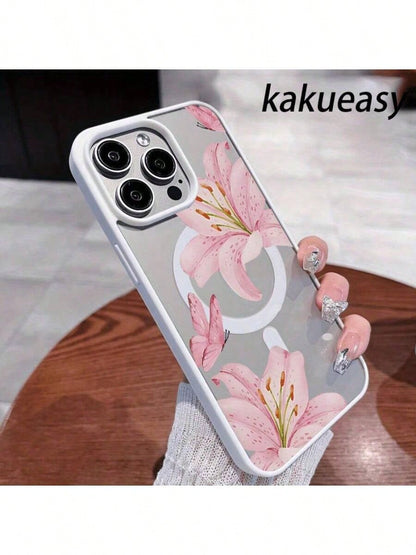Pink Lilies Magnetic Phone Case Is Suitable For IPhone 16/15/14/13/12 Pro/11/XS Max 68 Plus. It Features A Fashionable And Pattern Design. The Transparent Case Comes In Multiple Colors And Is A Classi