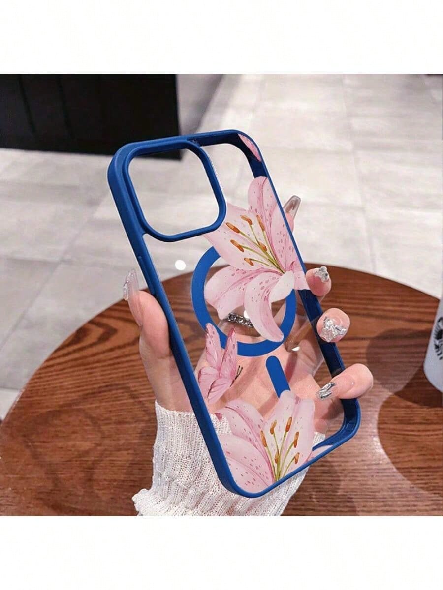 Pink Lilies Magnetic Phone Case Is Suitable For IPhone 16/15/14/13/12 Pro/11/XS Max 68 Plus. It Features A Fashionable And Pattern Design. The Transparent Case Comes In Multiple Colors And Is A Classi