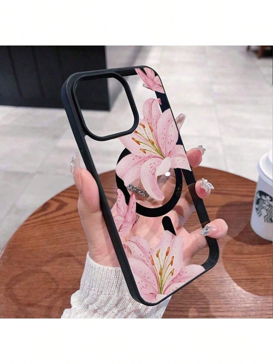 Pink Lilies Magnetic Phone Case Is Suitable For IPhone 16/15/14/13/12 Pro/11/XS Max 68 Plus. It Features A Fashionable And Pattern Design. The Transparent Case Comes In Multiple Colors And Is A Classi