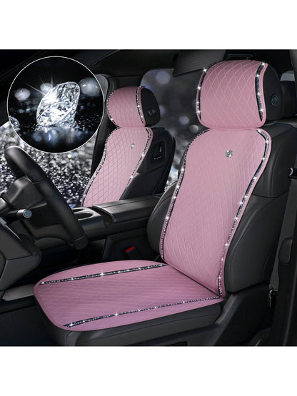 Pink PU Leather Car Seat Cushions For 2 Front Seats, 6-Piece Set, Adorned With Artificial Diamonds, Sparkling And Shiny, Waterproof, Non-Slip, Easy To Clean, Suitable For Four-Season Use.