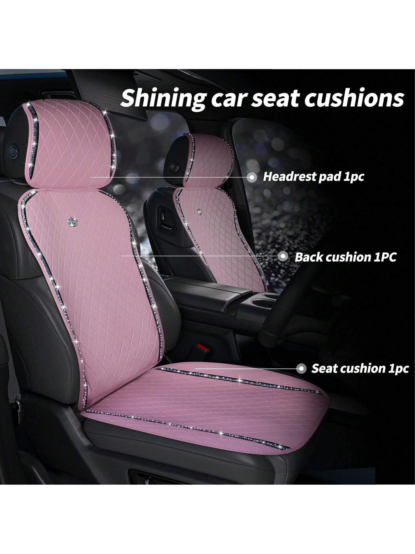 Pink PU Leather Car Seat Cushions For 2 Front Seats, 6-Piece Set, Adorned With Artificial Diamonds, Sparkling And Shiny, Waterproof, Non-Slip, Easy To Clean, Suitable For Four-Season Use.