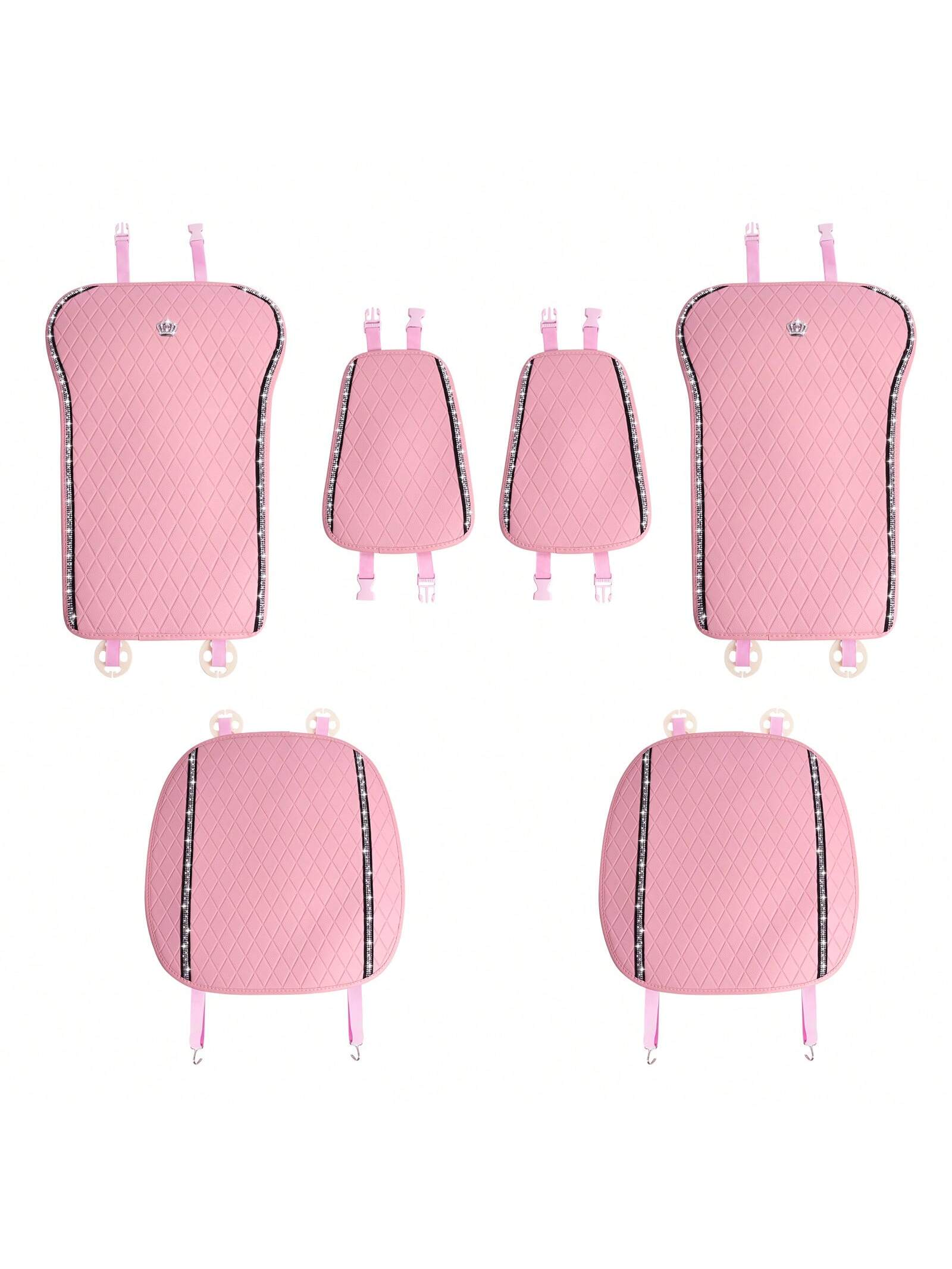 Pink PU Leather Car Seat Cushions For 2 Front Seats, 6-Piece Set, Adorned With Artificial Diamonds, Sparkling And Shiny, Waterproof, Non-Slip, Easy To Clean, Suitable For Four-Season Use.