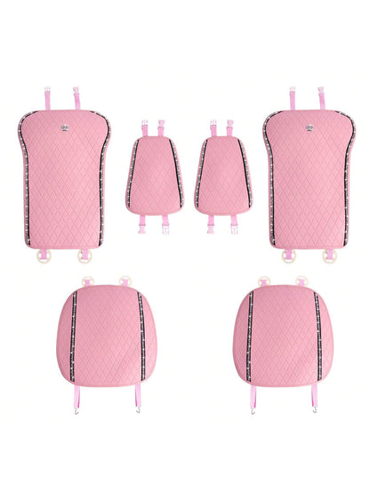 Pink PU Leather Car Seat Cushions For 2 Front Seats, 6-Piece Set, Adorned With Artificial Diamonds, Sparkling And Shiny, Waterproof, Non-Slip, Easy To Clean, Suitable For Four-Season Use.