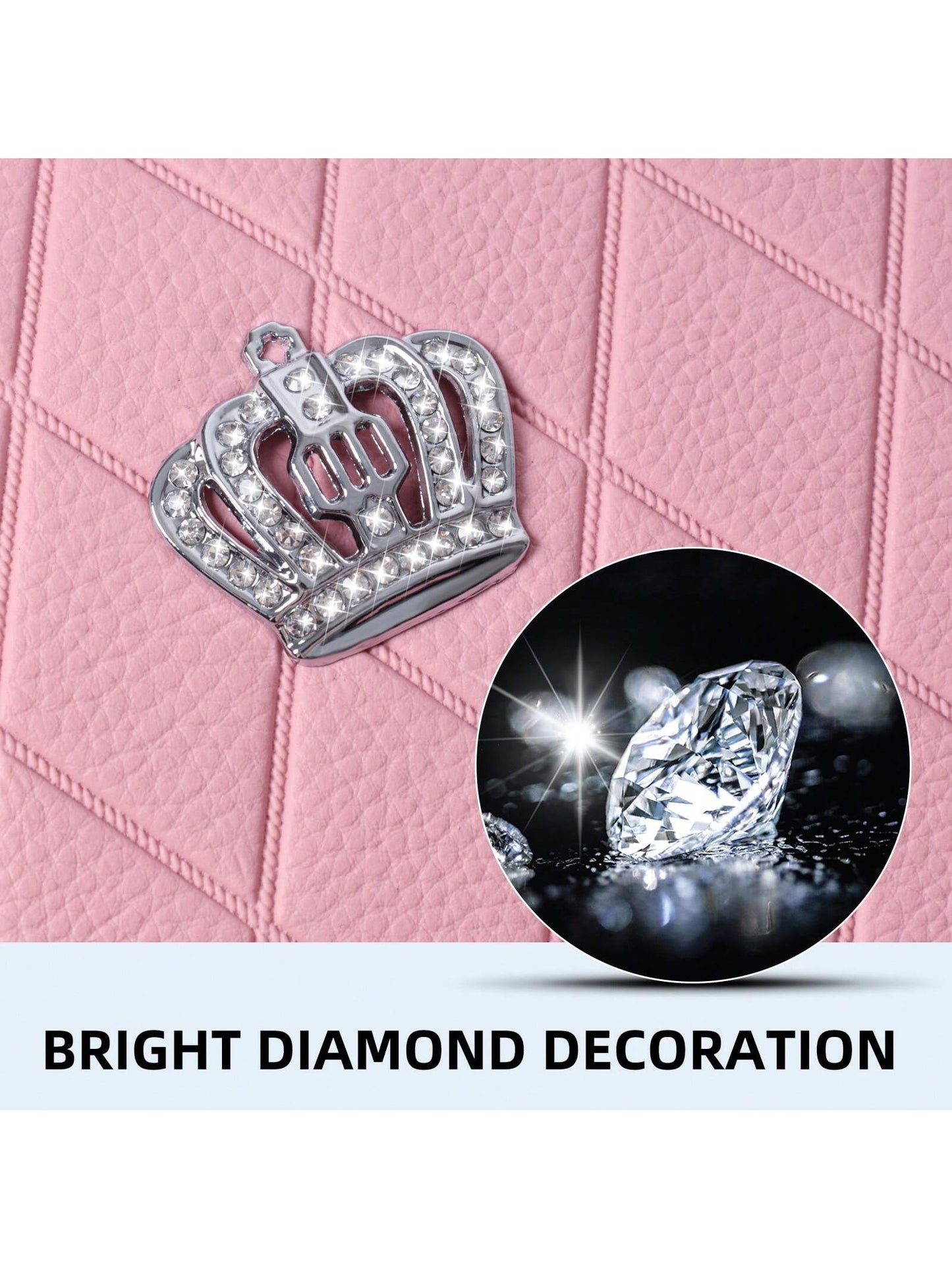 Pink PU Leather Car Seat Cushions For 2 Front Seats, 6-Piece Set, Adorned With Artificial Diamonds, Sparkling And Shiny, Waterproof, Non-Slip, Easy To Clean, Suitable For Four-Season Use.