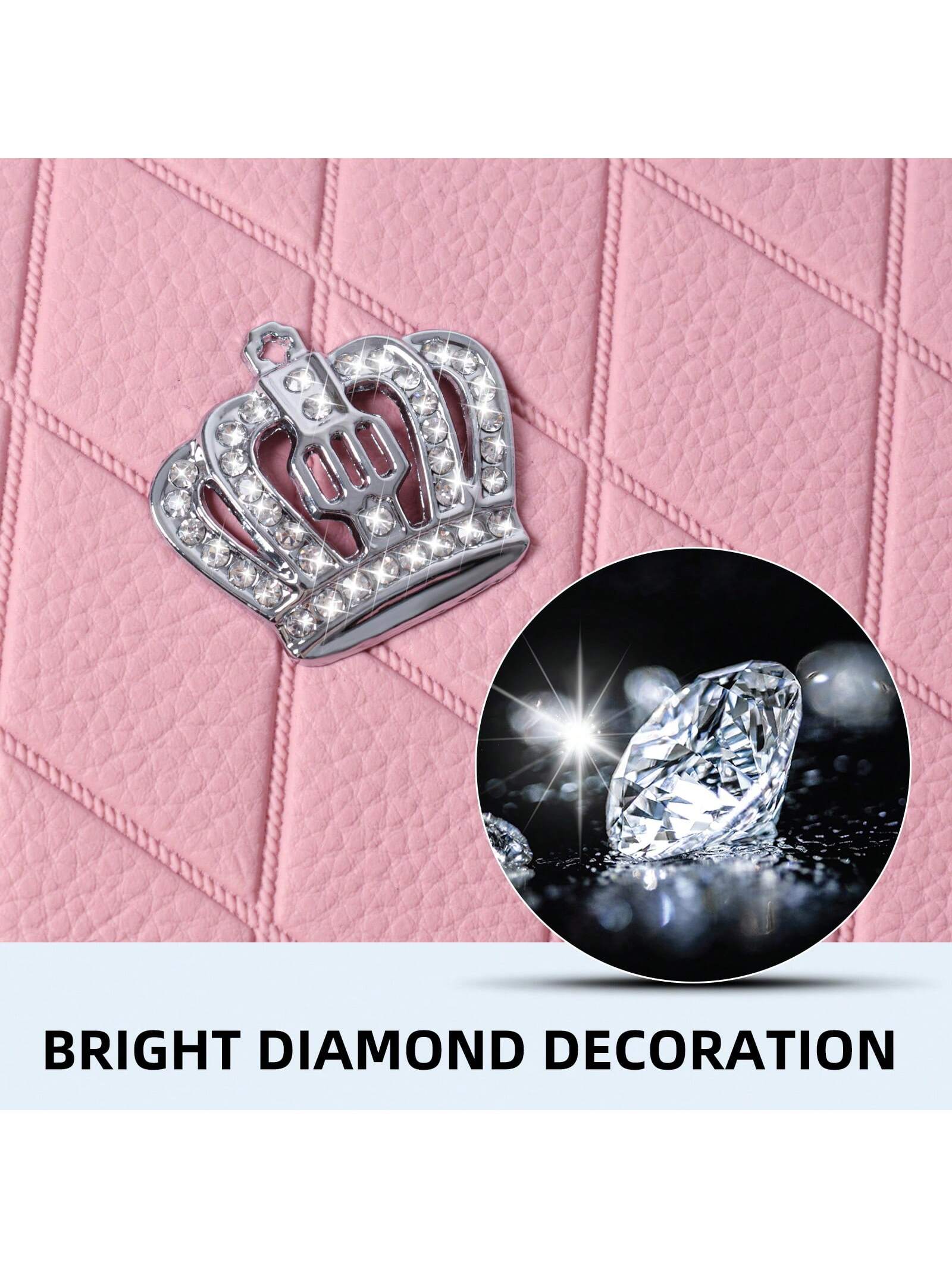 Pink PU Leather Car Seat Cushions For 2 Front Seats, 6-Piece Set, Adorned With Artificial Diamonds, Sparkling And Shiny, Waterproof, Non-Slip, Easy To Clean, Suitable For Four-Season Use.