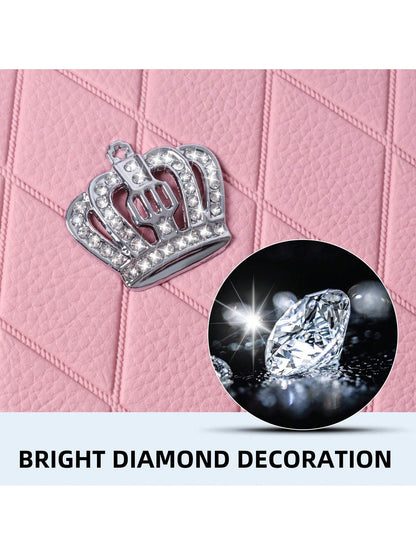 Pink PU Leather Car Seat Cushions For 2 Front Seats, 6-Piece Set, Adorned With Artificial Diamonds, Sparkling And Shiny, Waterproof, Non-Slip, Easy To Clean, Suitable For Four-Season Use.
