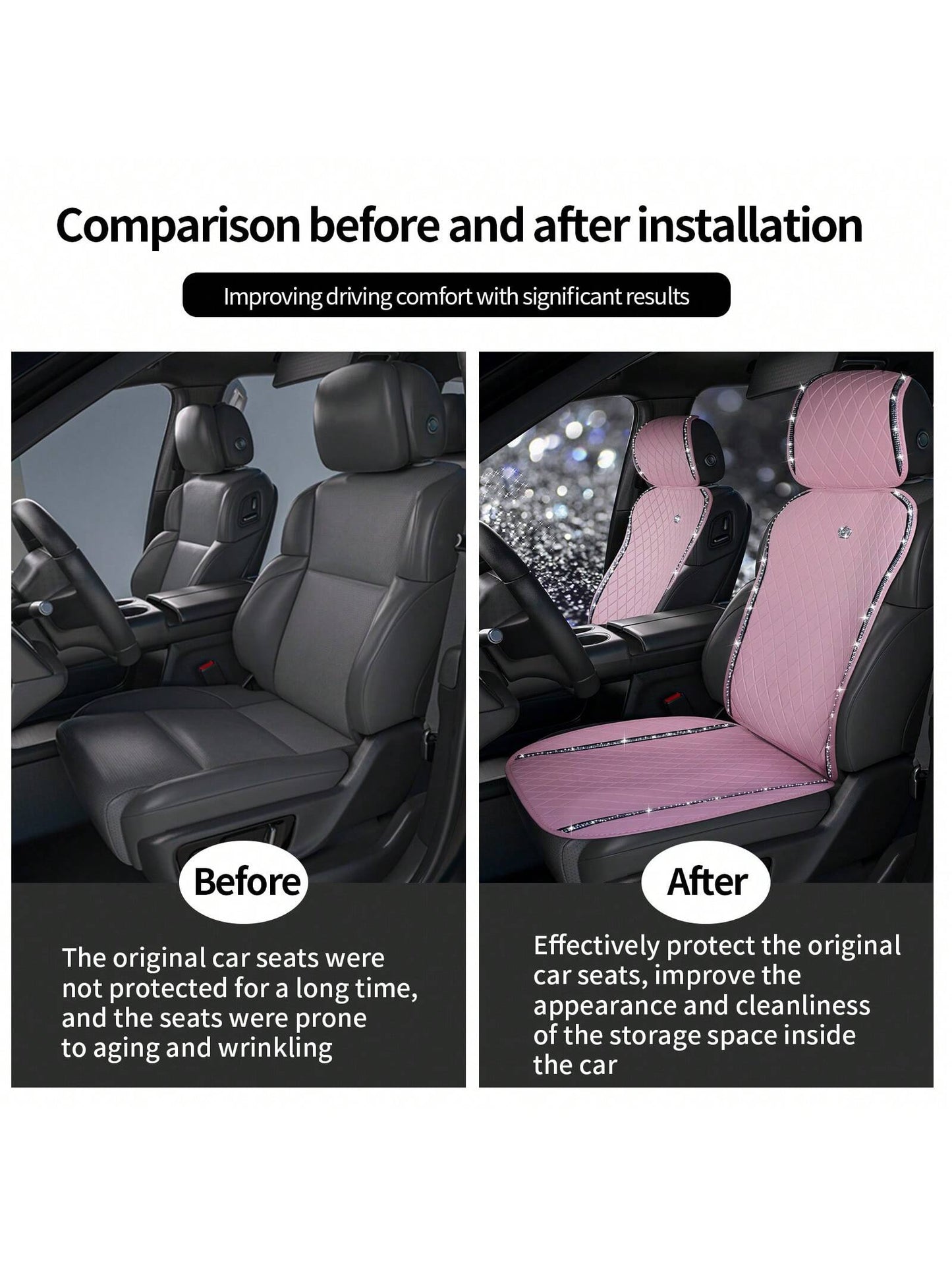 Pink PU Leather Car Seat Cushions For 2 Front Seats, 6-Piece Set, Adorned With Artificial Diamonds, Sparkling And Shiny, Waterproof, Non-Slip, Easy To Clean, Suitable For Four-Season Use.