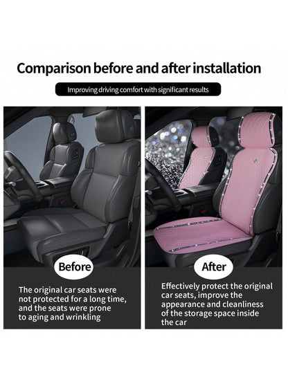 Pink PU Leather Car Seat Cushions For 2 Front Seats, 6-Piece Set, Adorned With Artificial Diamonds, Sparkling And Shiny, Waterproof, Non-Slip, Easy To Clean, Suitable For Four-Season Use.