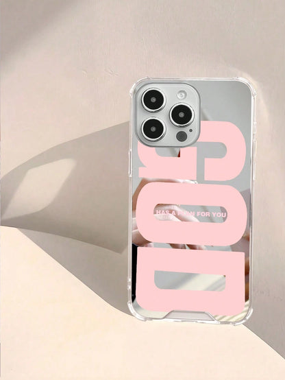 Pink Slogan Element Fashion 1pc Personalized Pink God Slogan Graphic Mirror Acrylic Shockproof Phone Case, Compatible With Iphone 13/11/17/17pro/16/14/15/15pro/15 Plus/15 Promax/7plus/8plus/X/Xs Max/X