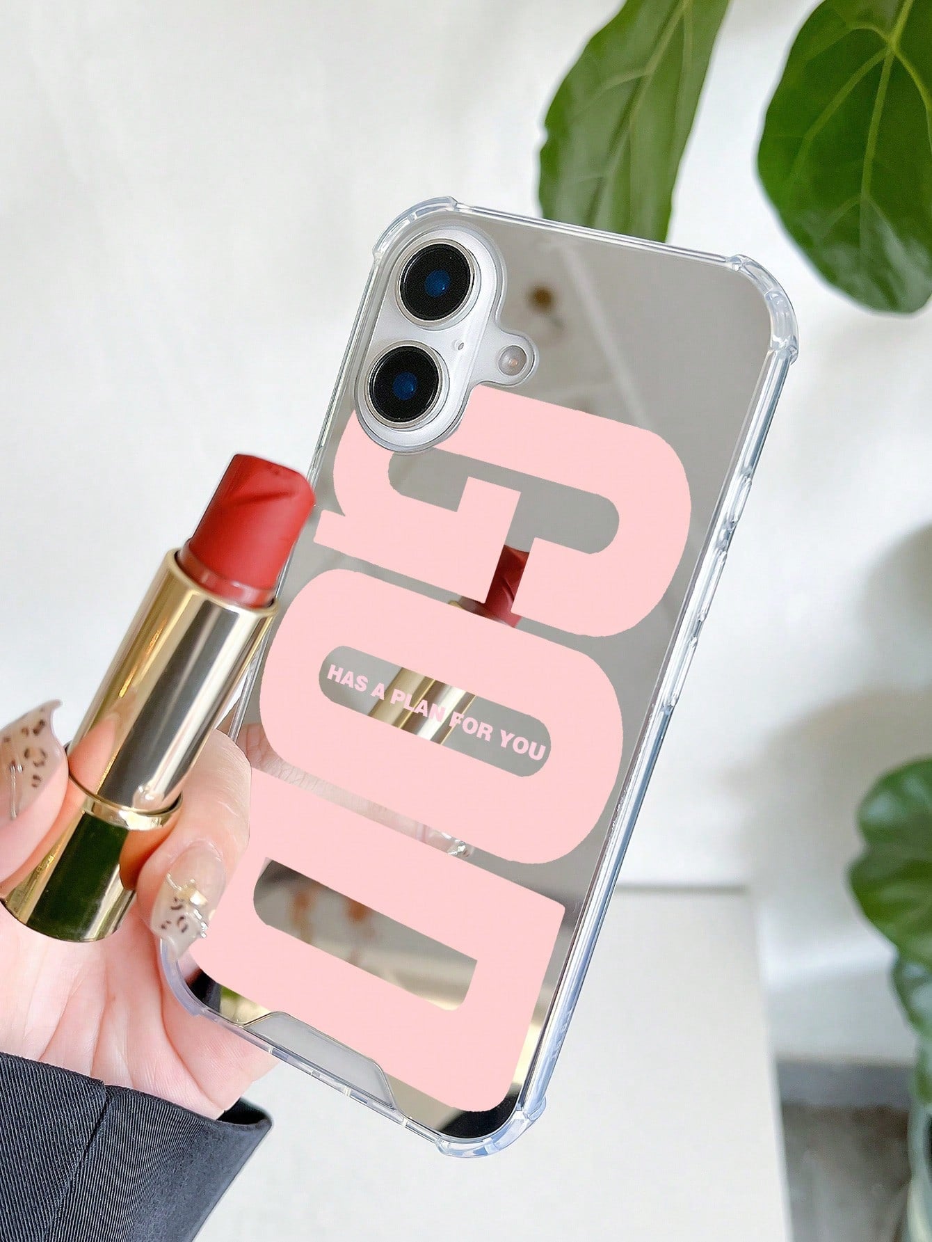 Pink Slogan Element Fashion 1pc Personalized Pink God Slogan Graphic Mirror Acrylic Shockproof Phone Case, Compatible With Iphone 13/11/17/17pro/16/14/15/15pro/15 Plus/15 Promax/7plus/8plus/X/Xs Max/X